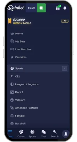 Rainbet Mobile Menu