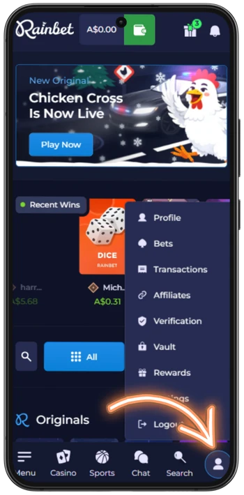 Rainbet profile menu