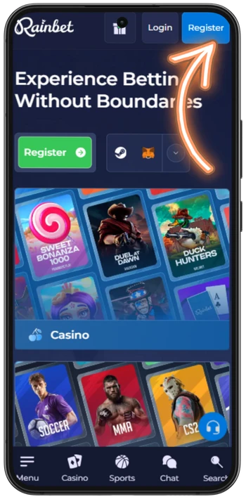 Rainbet register button homepage