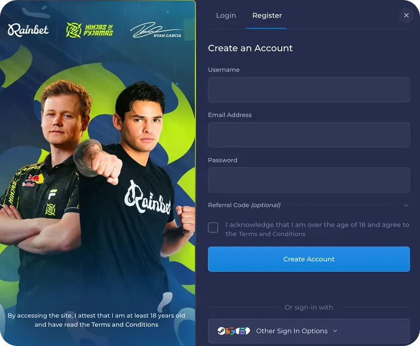 Creating an account in Rainbet